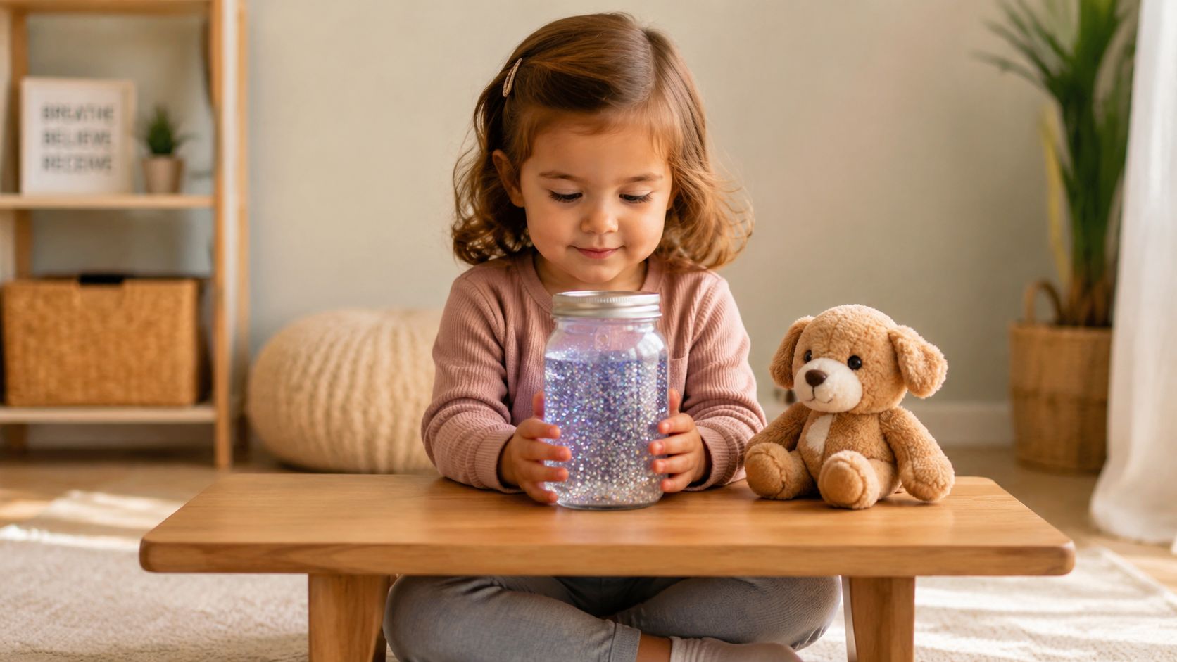 A young toddler girl sits at a wooden table looking intently at a glowing glitter sensory jar.