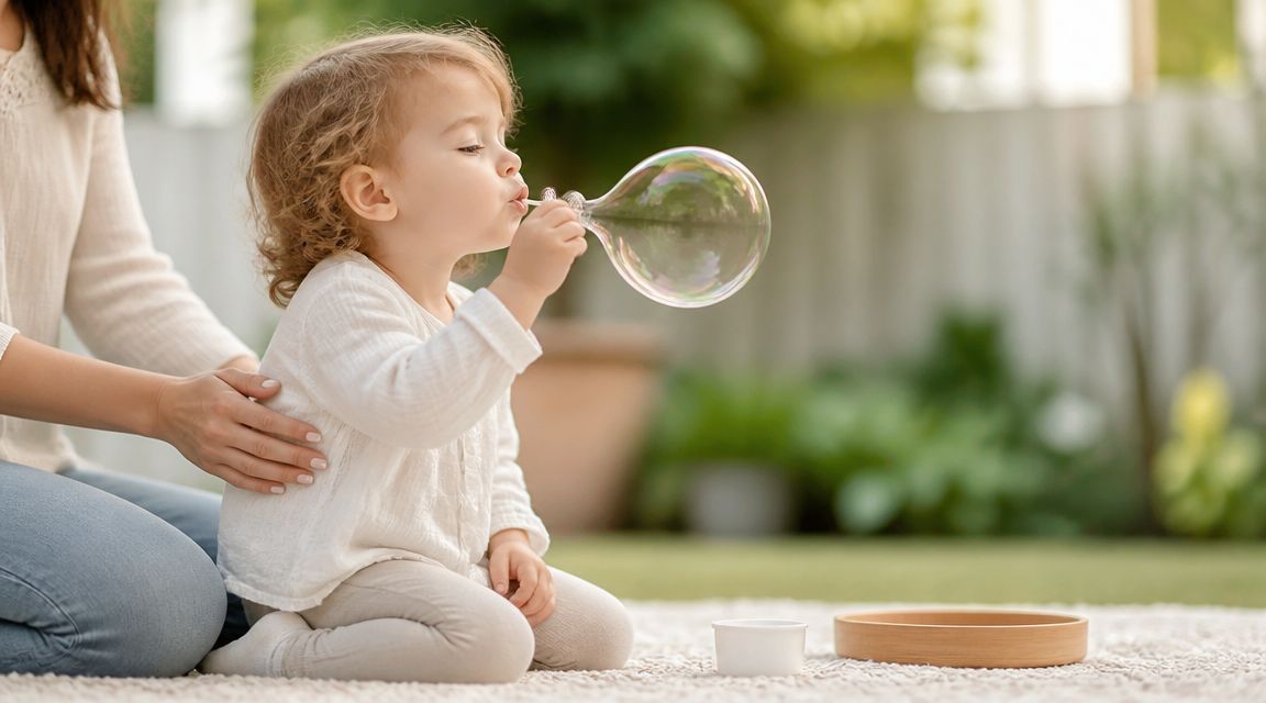 A toddler in a white shirt blowing a large soap bubble while sitting with a caregiver outdoors.