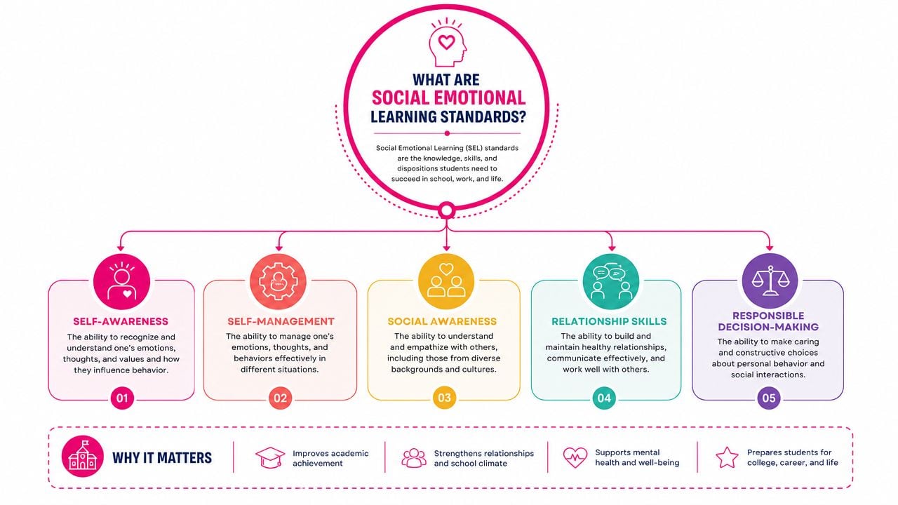 An infographic illustrating five core social emotional learning standards and why they are important for student success.
