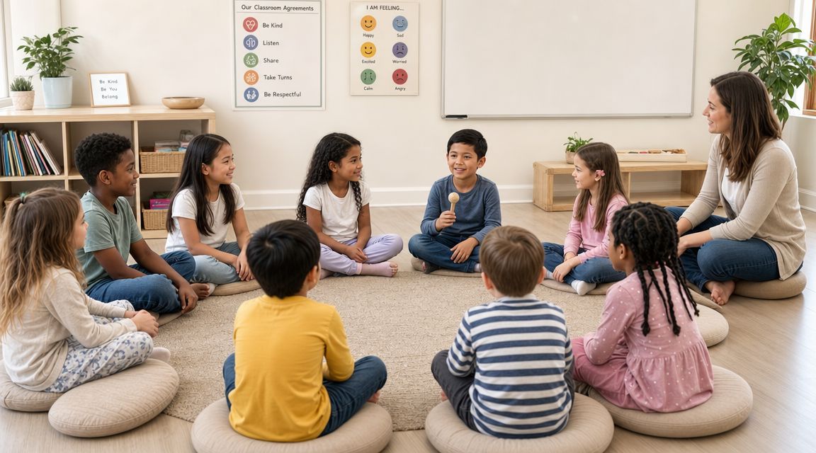 A teacher sitting with a diverse group of elementary children in a circle during a classroom activity.