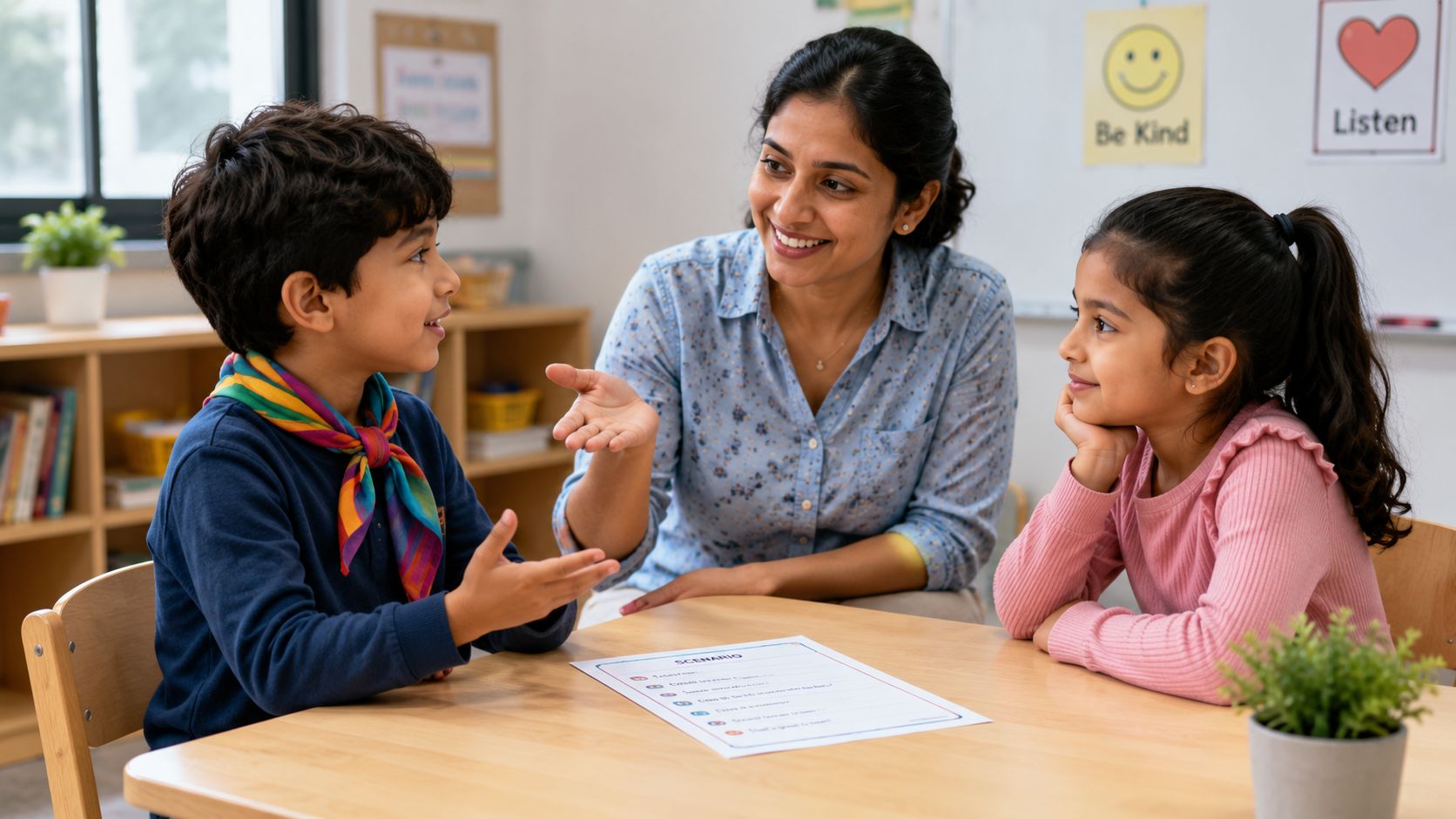 A friendly teacher engages in a social skills activity with two elementary students in a classroom.