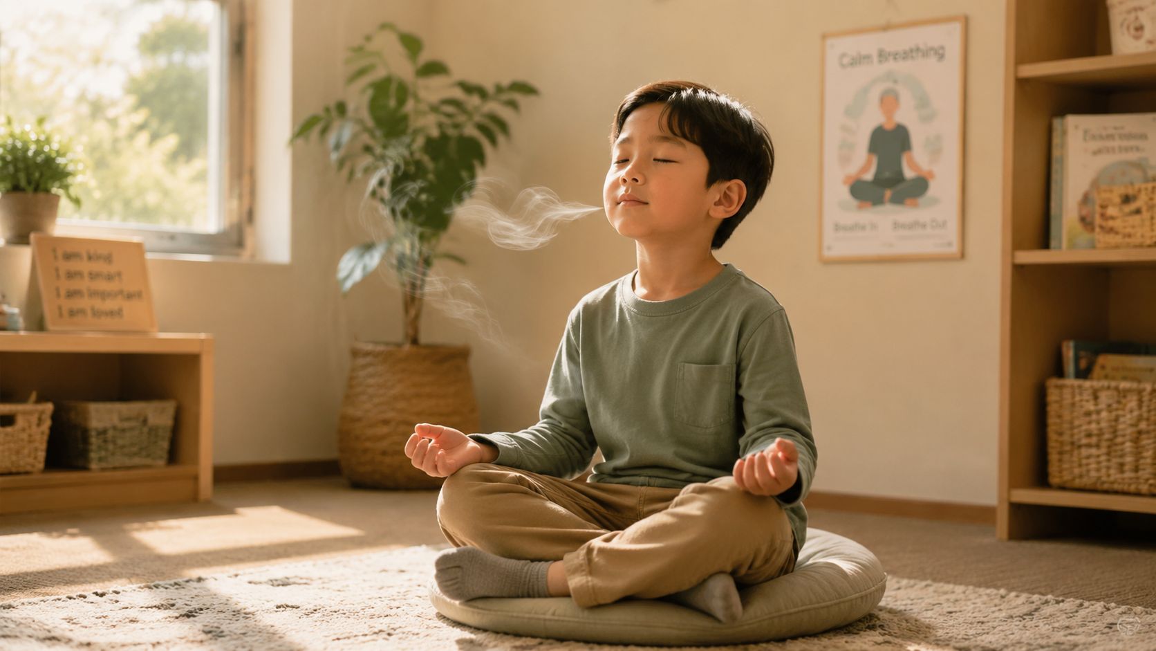 A young boy sitting on a floor cushion practicing mindfulness and calm breathing in a sunny room.
