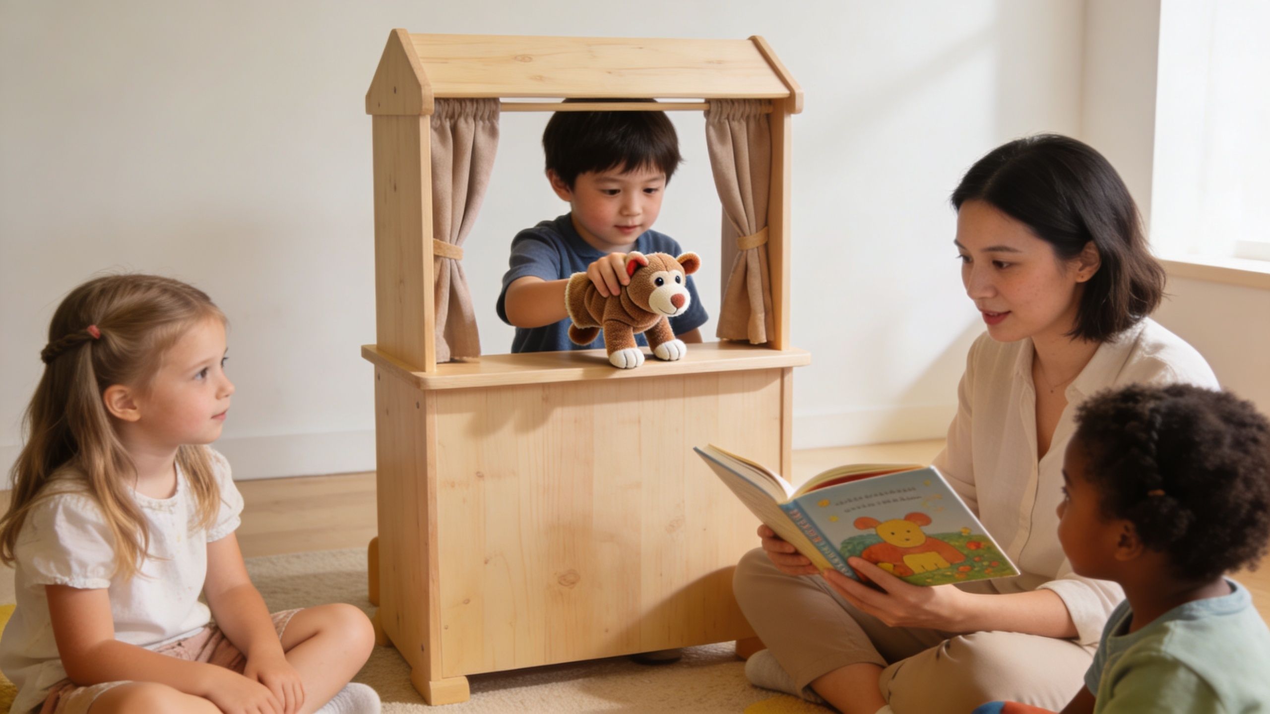 An Asian woman reading a storybook to three diverse preschoolers during a puppet show activity.