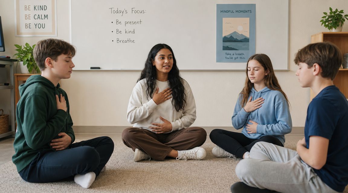 A teacher guides three students in a mindful breathing exercise while sitting on a classroom carpet.