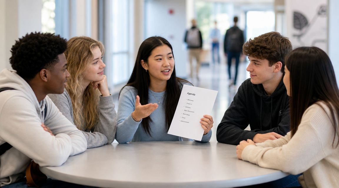 A diverse group of university students sitting around a table holding an agenda during a study meeting.