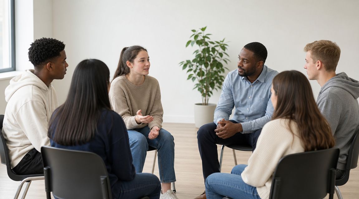 A diverse group of young people sitting in a circle during a guided group therapy session.