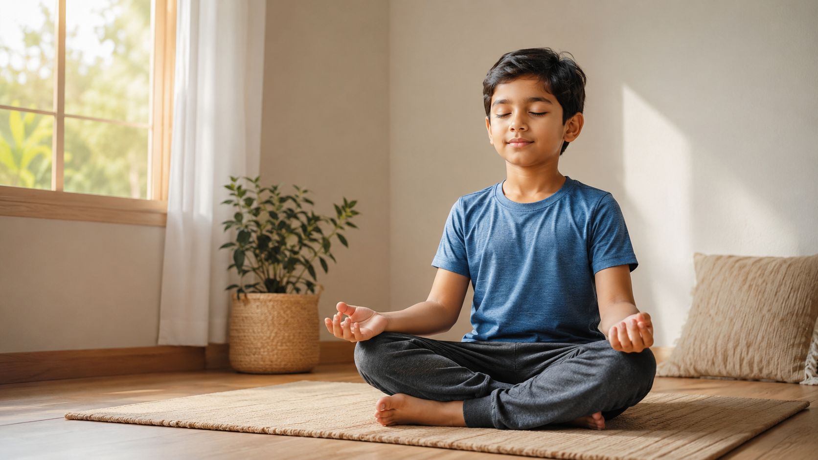 A young boy sitting in a peaceful lotus position on a mat, practicing mindfulness and meditation indoors.