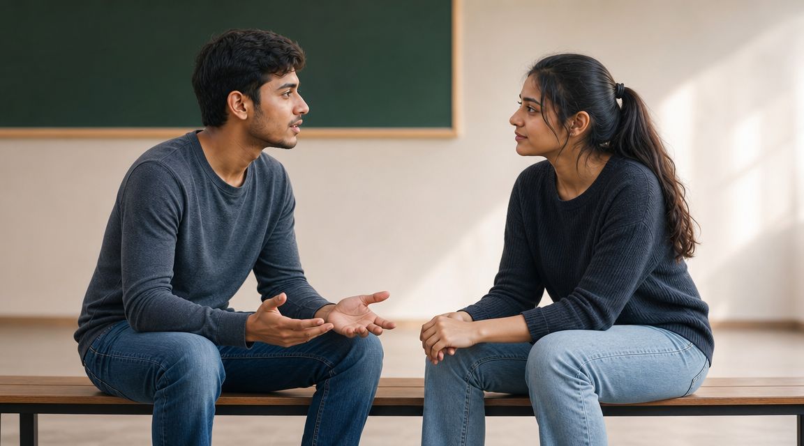 A young man and woman sitting on a bench having a serious conversation in a classroom.