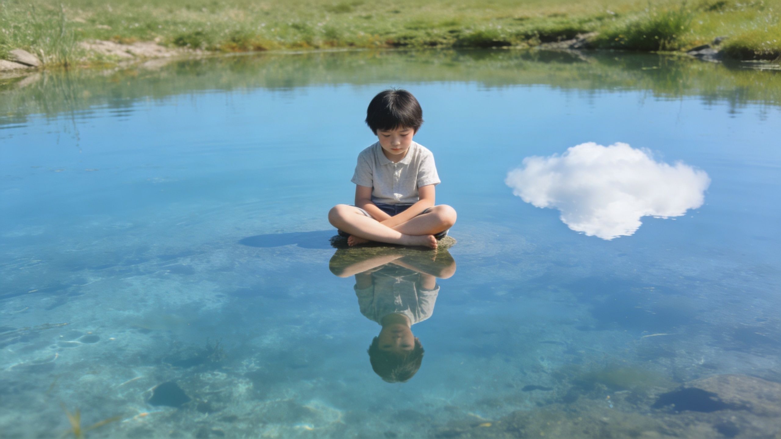 A young boy meditating while sitting cross-legged on a rock in the middle of a clear pond.