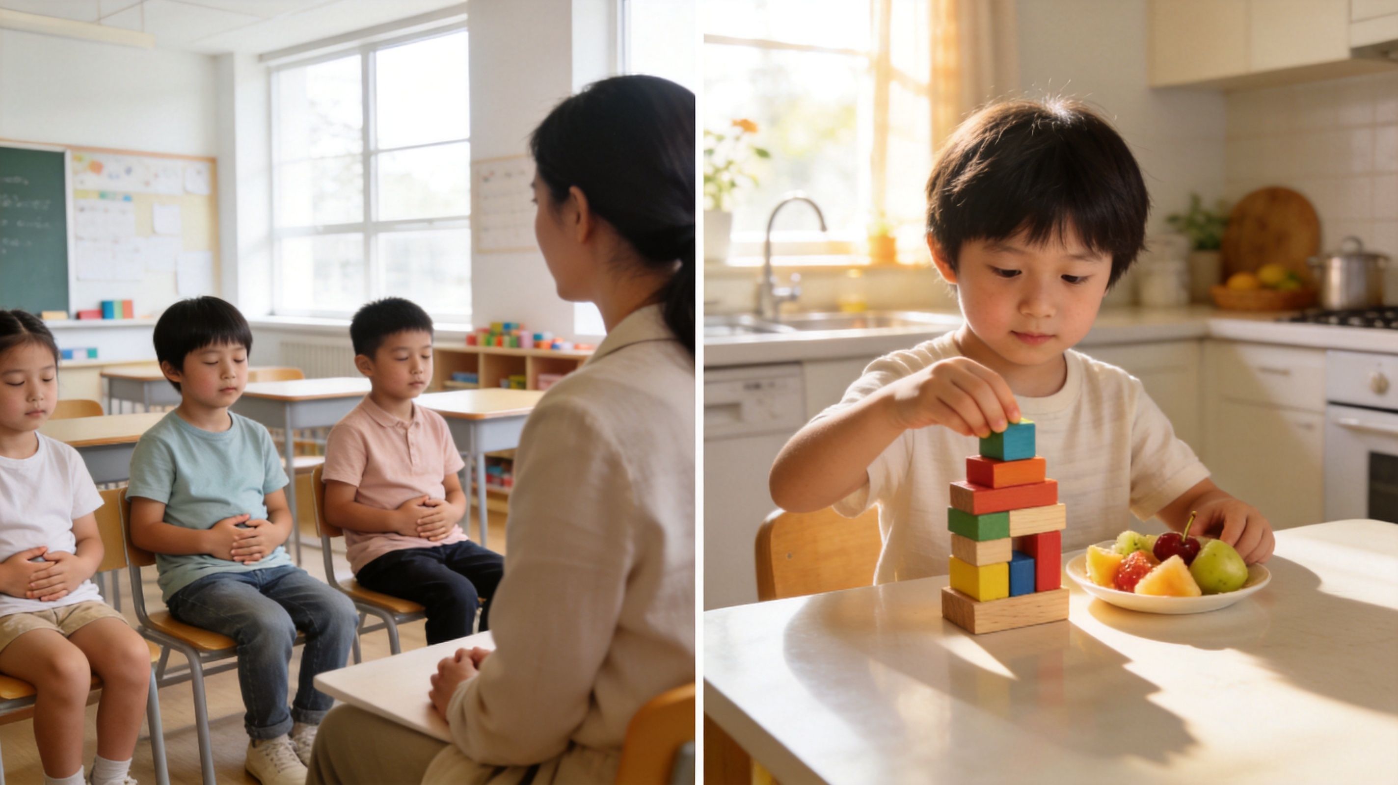A split image showing children practicing mindfulness in a classroom and a boy stacking blocks at home.