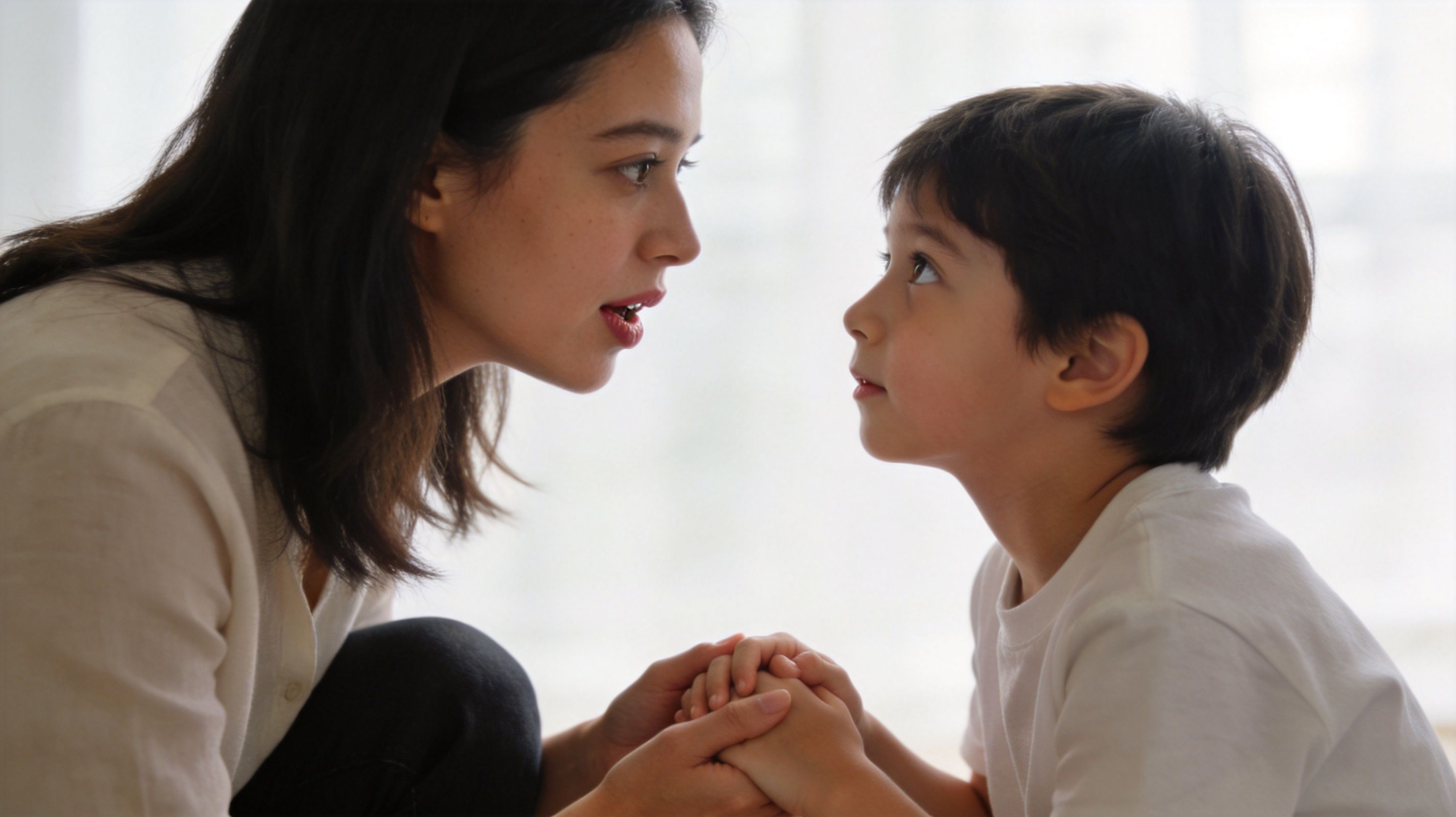 A mother gently holding her son's hands while looking at him with care and mindfulness.