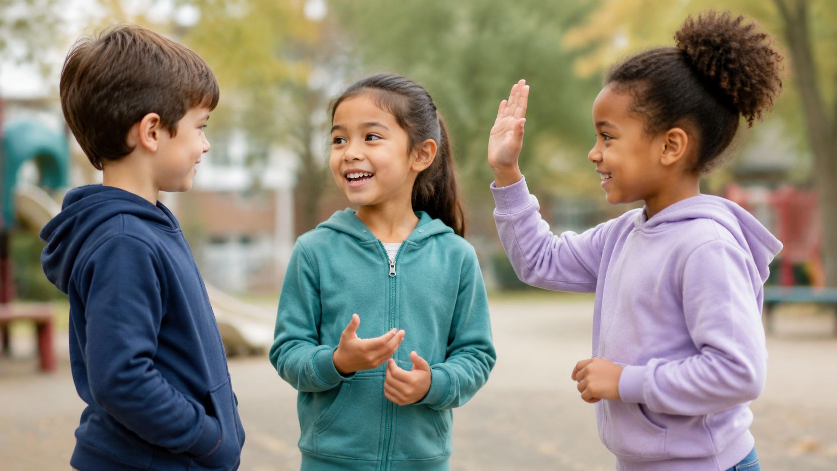 Three diverse children standing together outdoors smiling and interacting happily in a playground setting