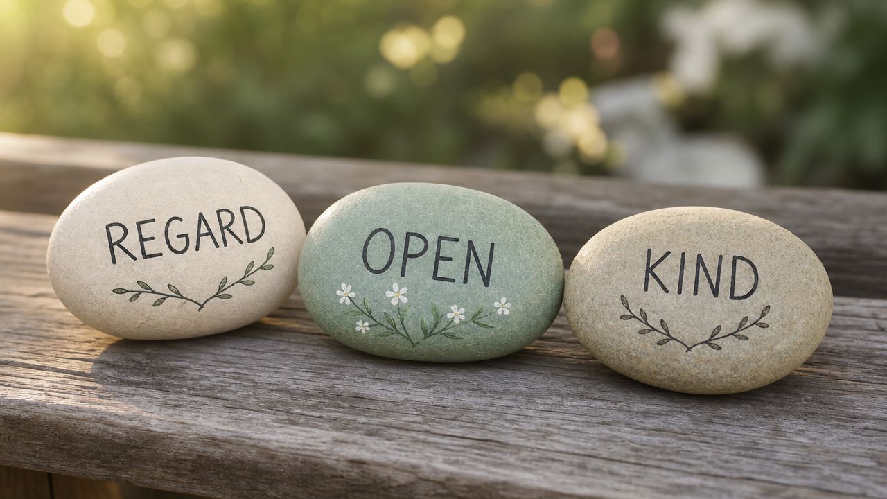 Three smooth stones on a wooden surface with the words Regard, Open, and Kind painted on them.