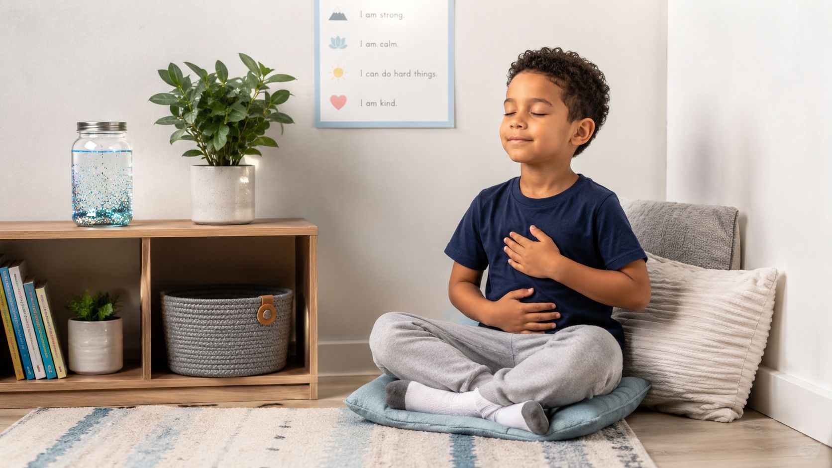 A young boy with his eyes closed, practicing mindfulness while sitting cross-legged on a floor cushion.