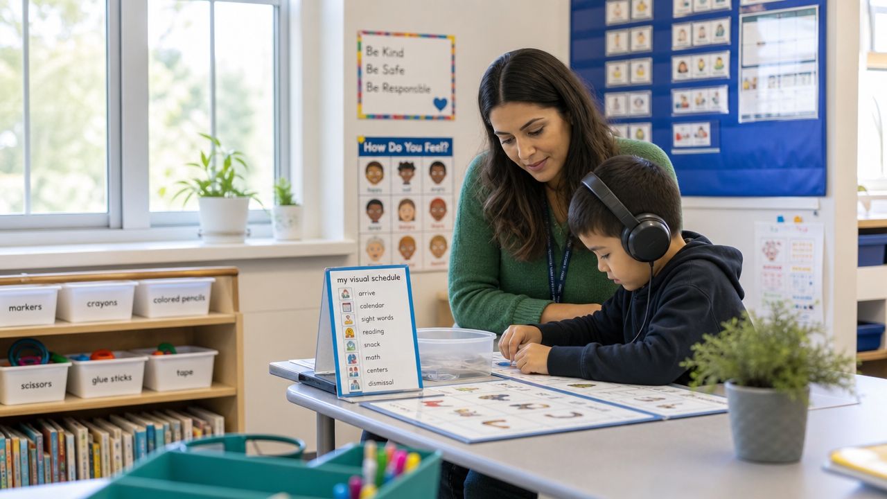 A teacher assisting a young student wearing headphones with a visual learning activity in a classroom setting.