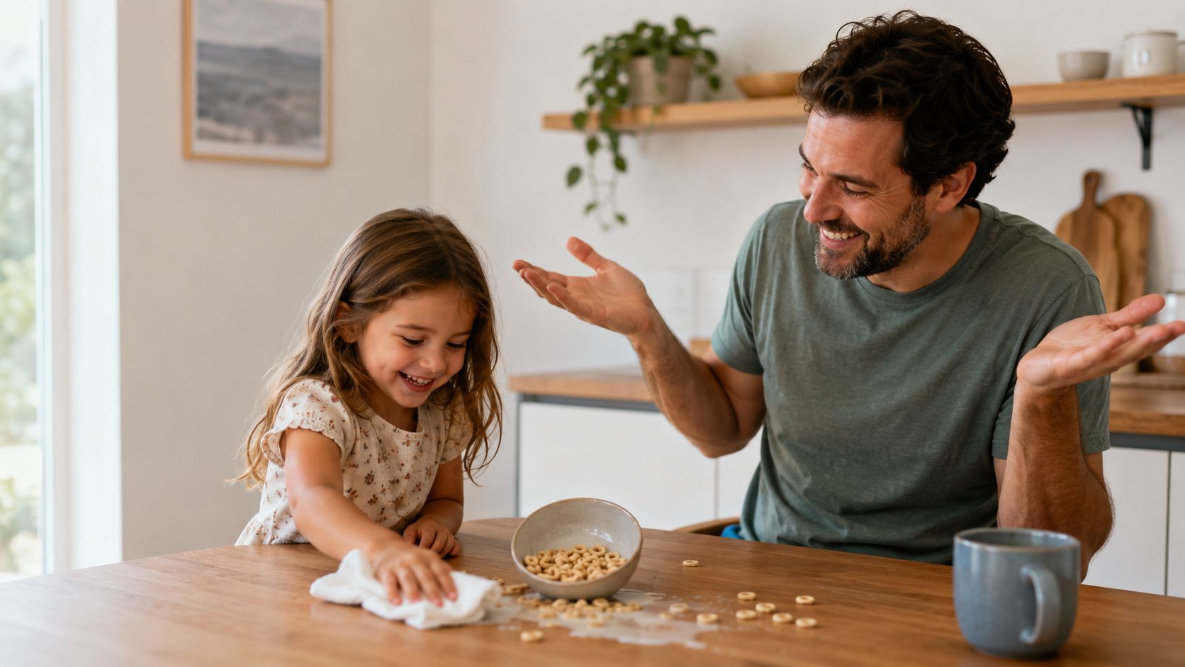 A happy father smiling at his young daughter while she cleans up spilled cereal in the kitchen