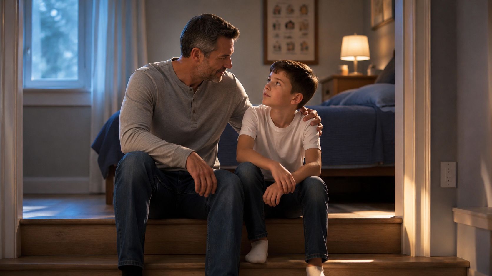 A father and son sitting together on stairs in a cozy home, engaging in a meaningful conversation.