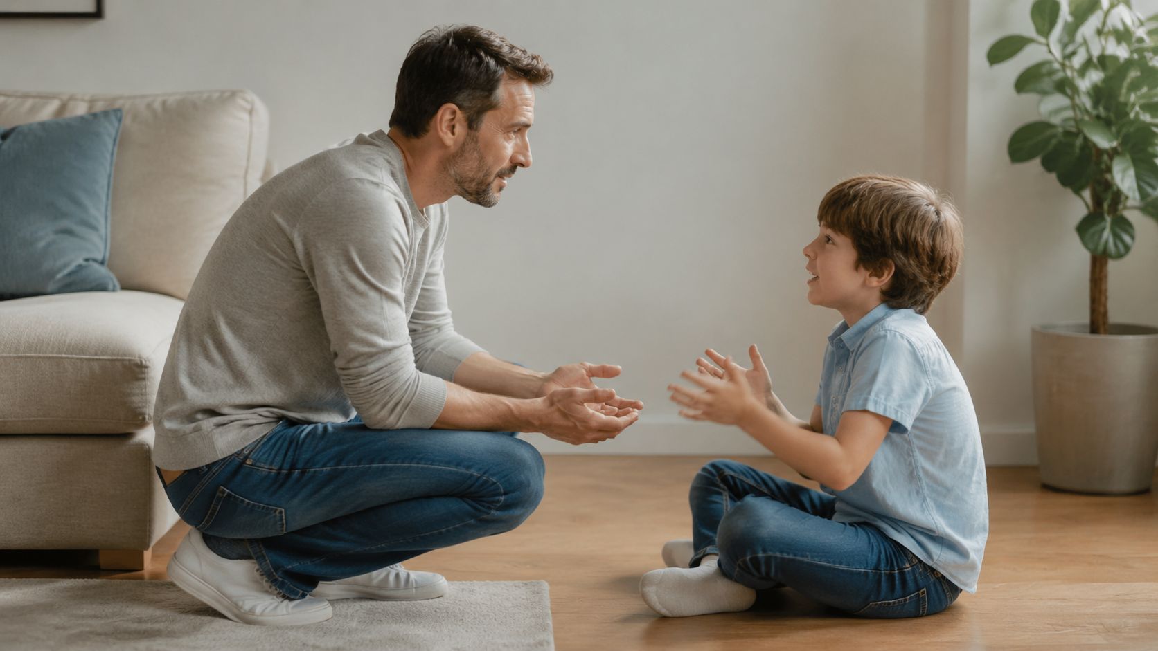 A father and son sitting on the floor in a living room, talking and having a conversation.