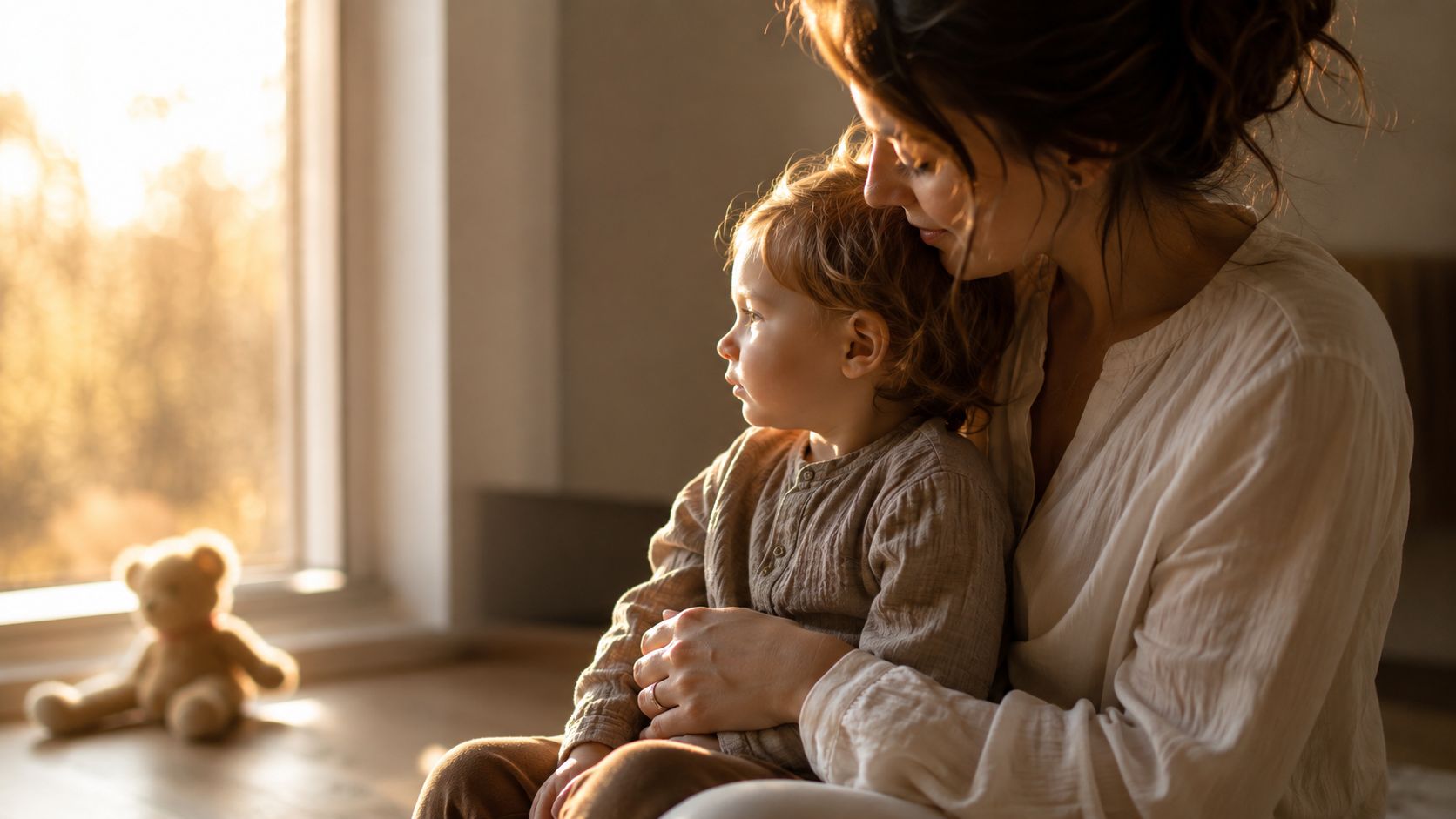 A loving mother holds her young child as they look together out of a sunlit window.