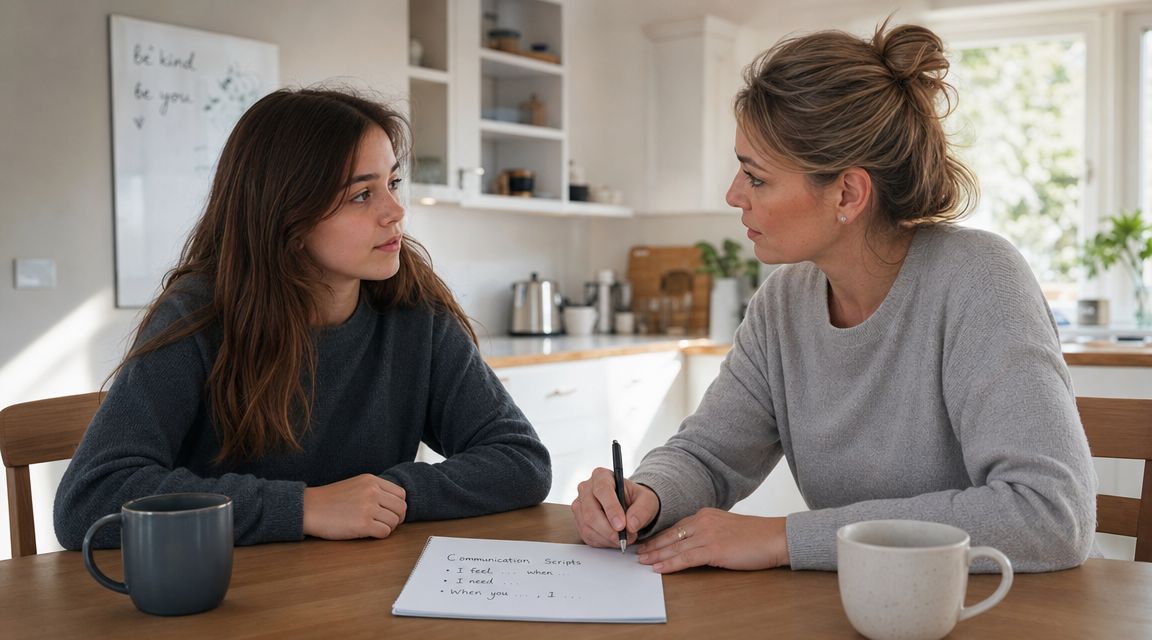 A mother and daughter sit at a kitchen table writing communication scripts to help set healthy boundaries.