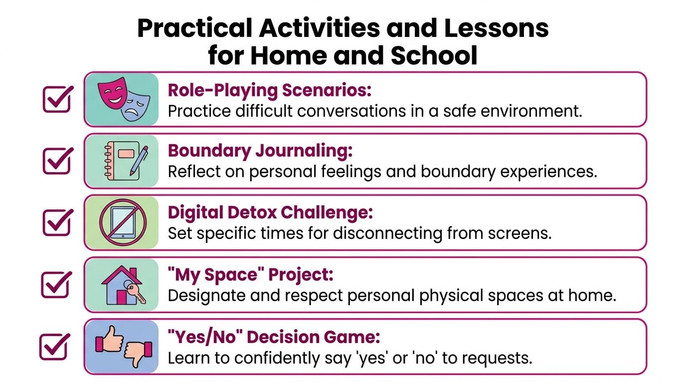 A list of five practical activities and lessons for teaching personal boundaries to children at home and school.
