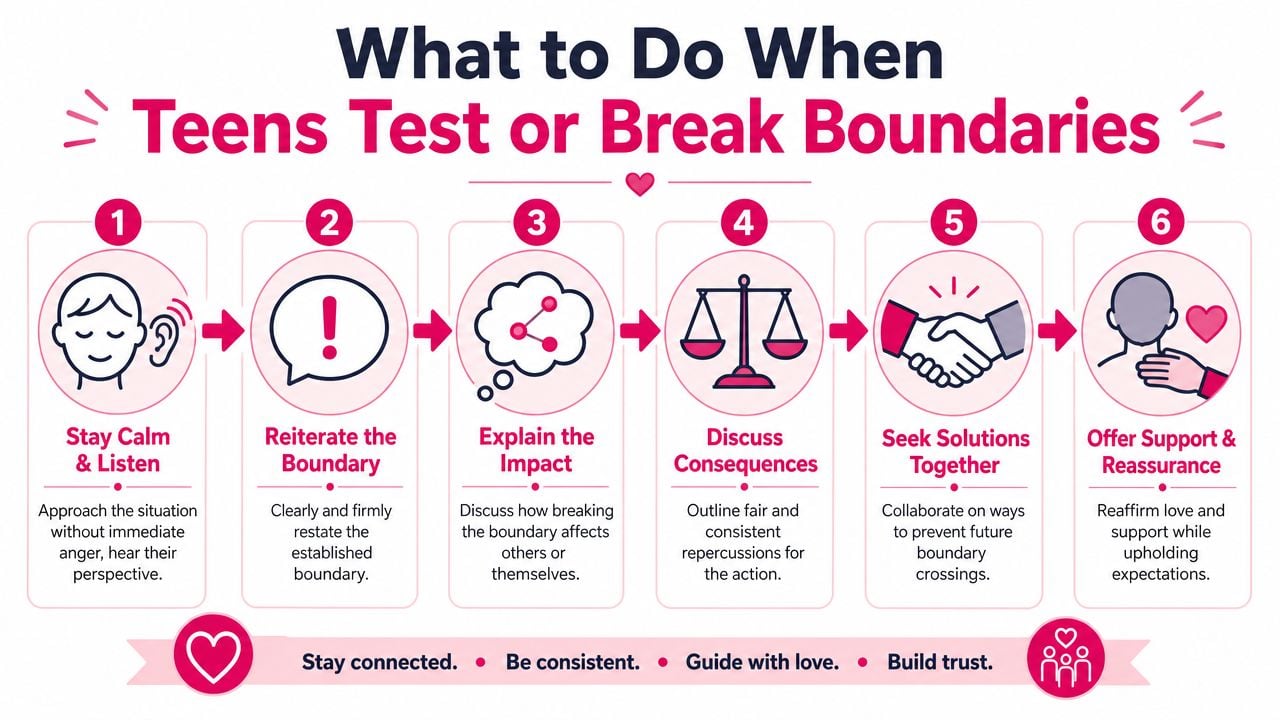 A step-by-step infographic titled What to Do When Teens Test or Break Boundaries with six numbered guide points.