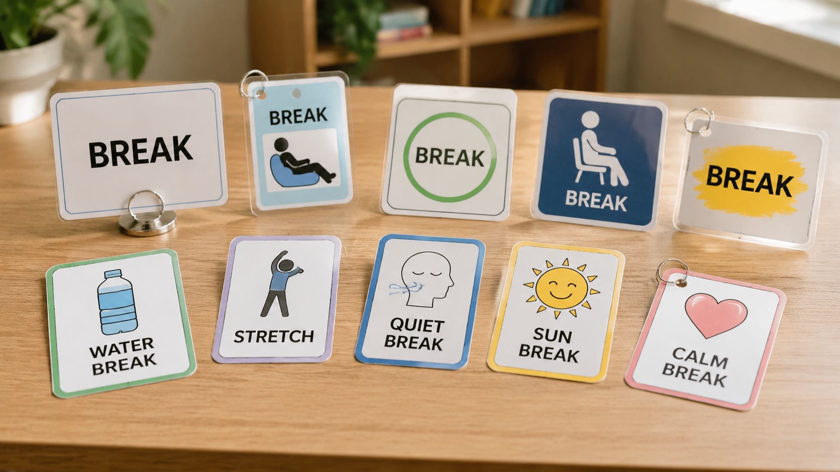 A set of colorful break cards designed for students, featuring illustrations and text for various break activities.