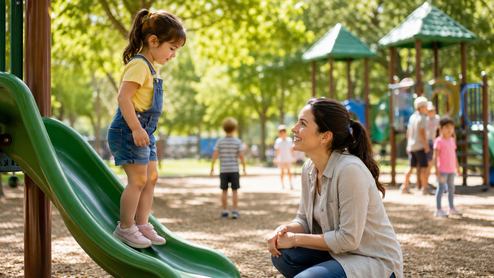 A caring mother kneels at the playground to encourage her young daughter preparing to slide down.