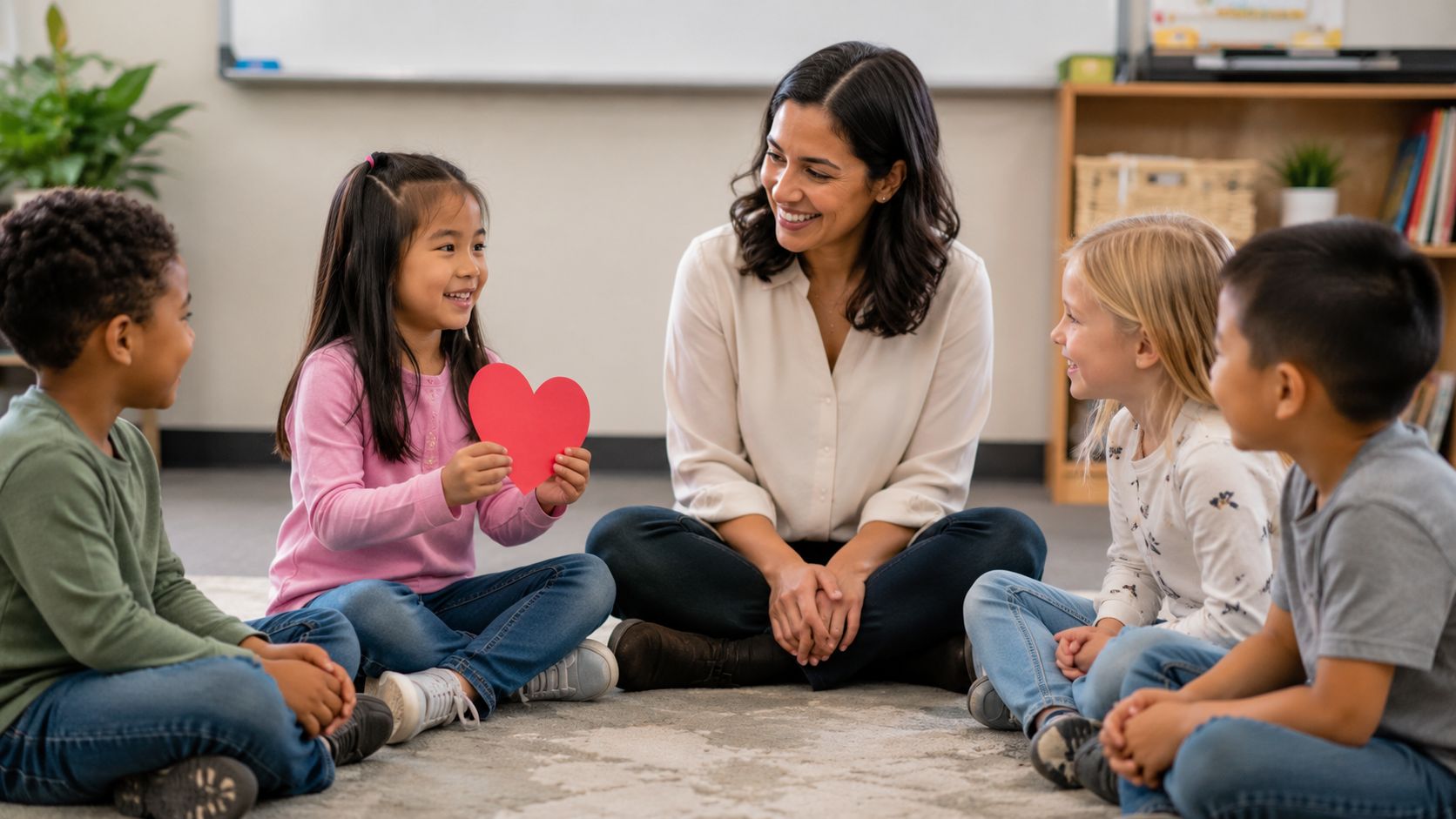 A teacher and a group of young diverse students sitting in a circle during school classroom activity.