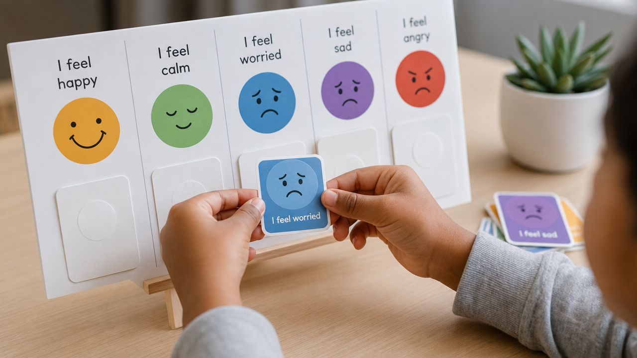 A child placing a card about feeling worried onto a sensory emotion identification board on a desk.
