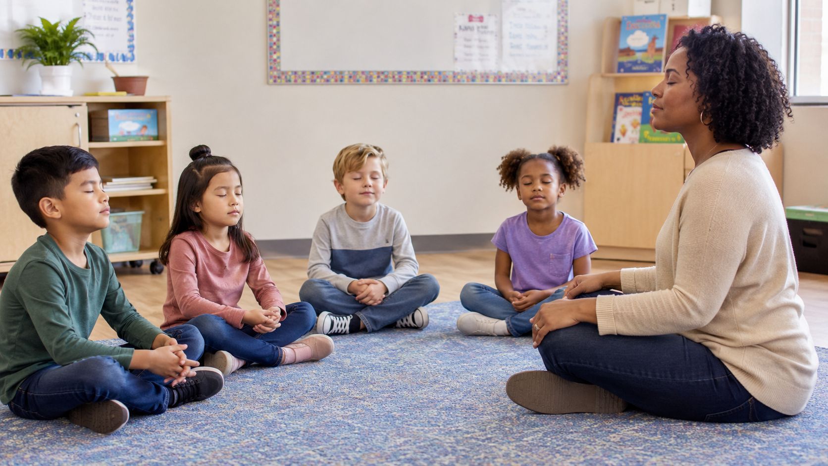 A teacher and four elementary students sitting in a circle on a rug practicing mindful meditation.