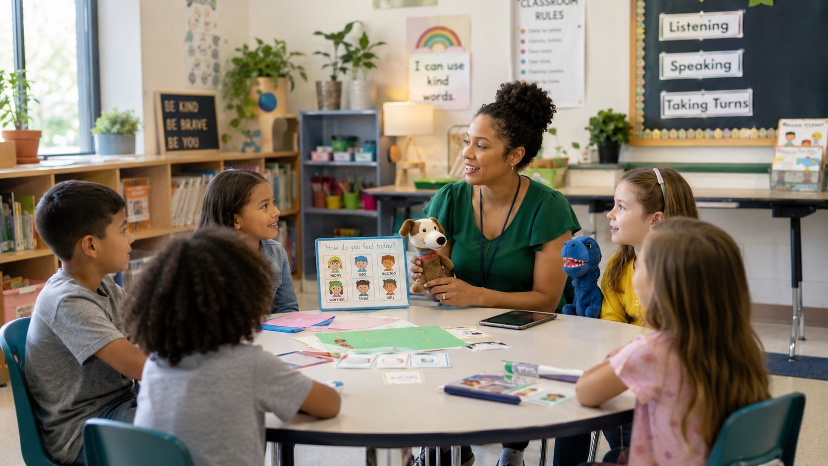 A teacher interacts with a small group of students around a table using puppets for emotional learning.