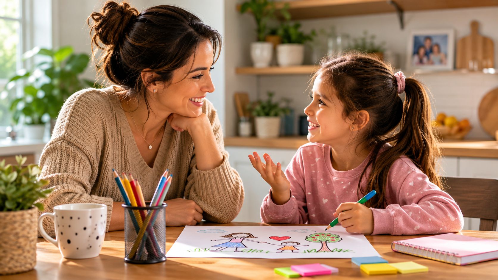 A mother and daughter smiling and talking while drawing pictures together at a wooden kitchen table.