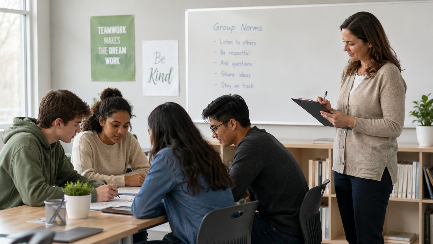 A teacher observes a group of diverse high school students collaborating on a classroom project at a table.