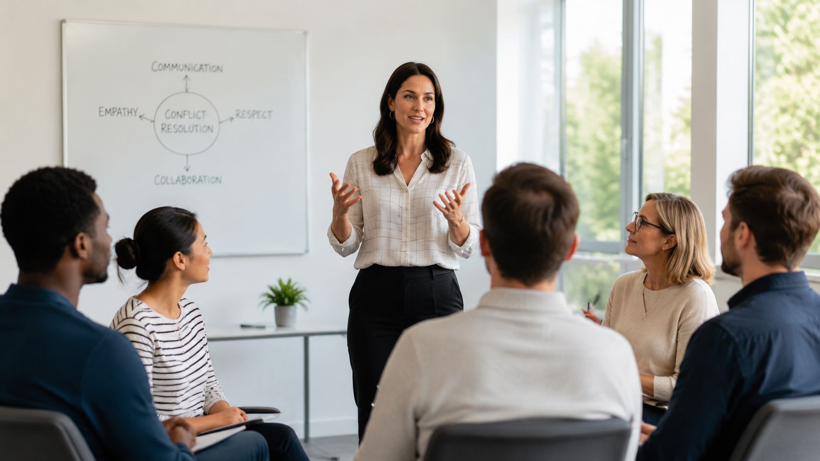 A professional woman leading a corporate conflict resolution training session for a diverse group of employees.