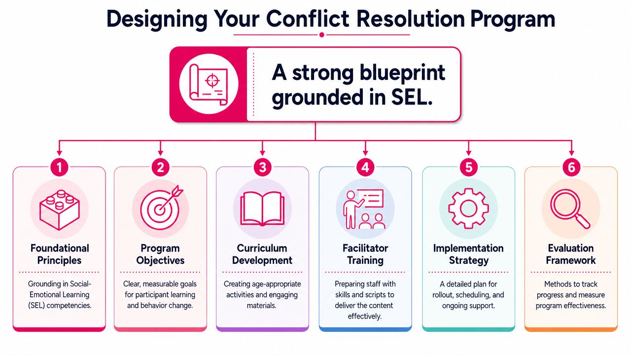A diagram outlining six essential steps for designing an effective conflict resolution program for participants.