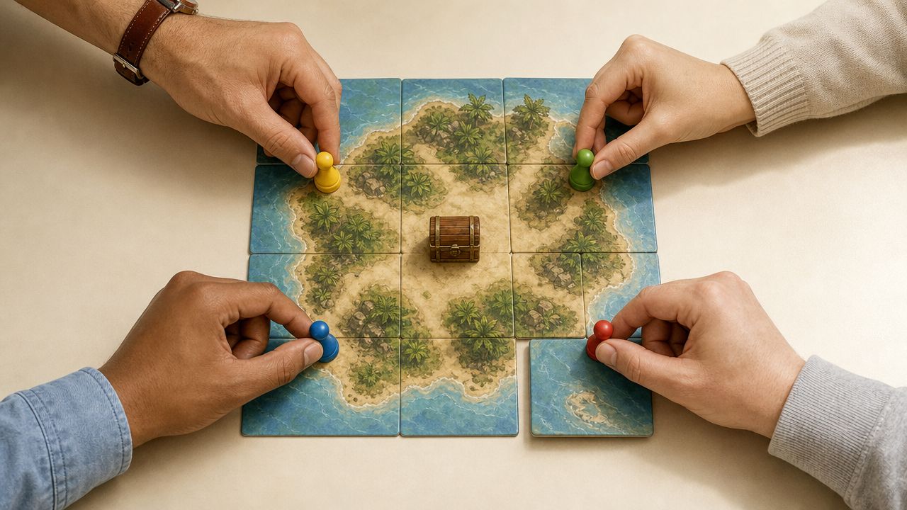 Four people playing a tabletop island exploration board game with a treasure chest in the center