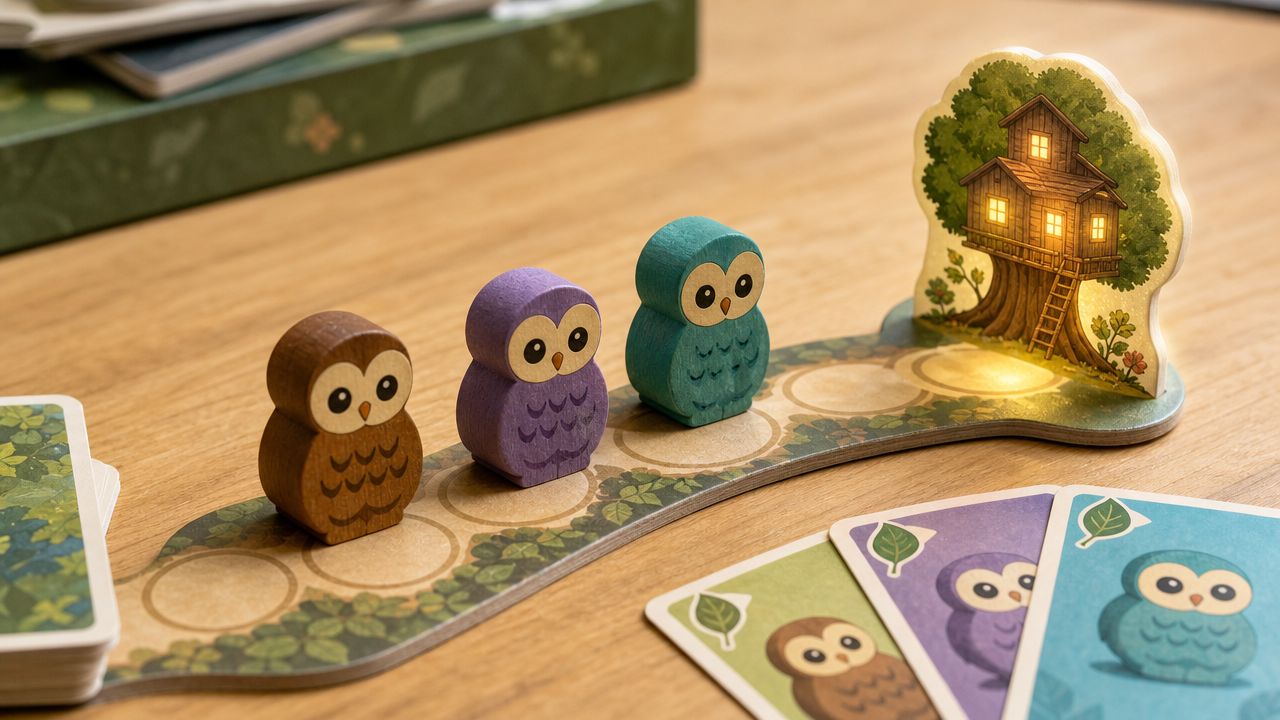 A wooden board game featuring cute owl tokens and a lit-up treehouse on a table.