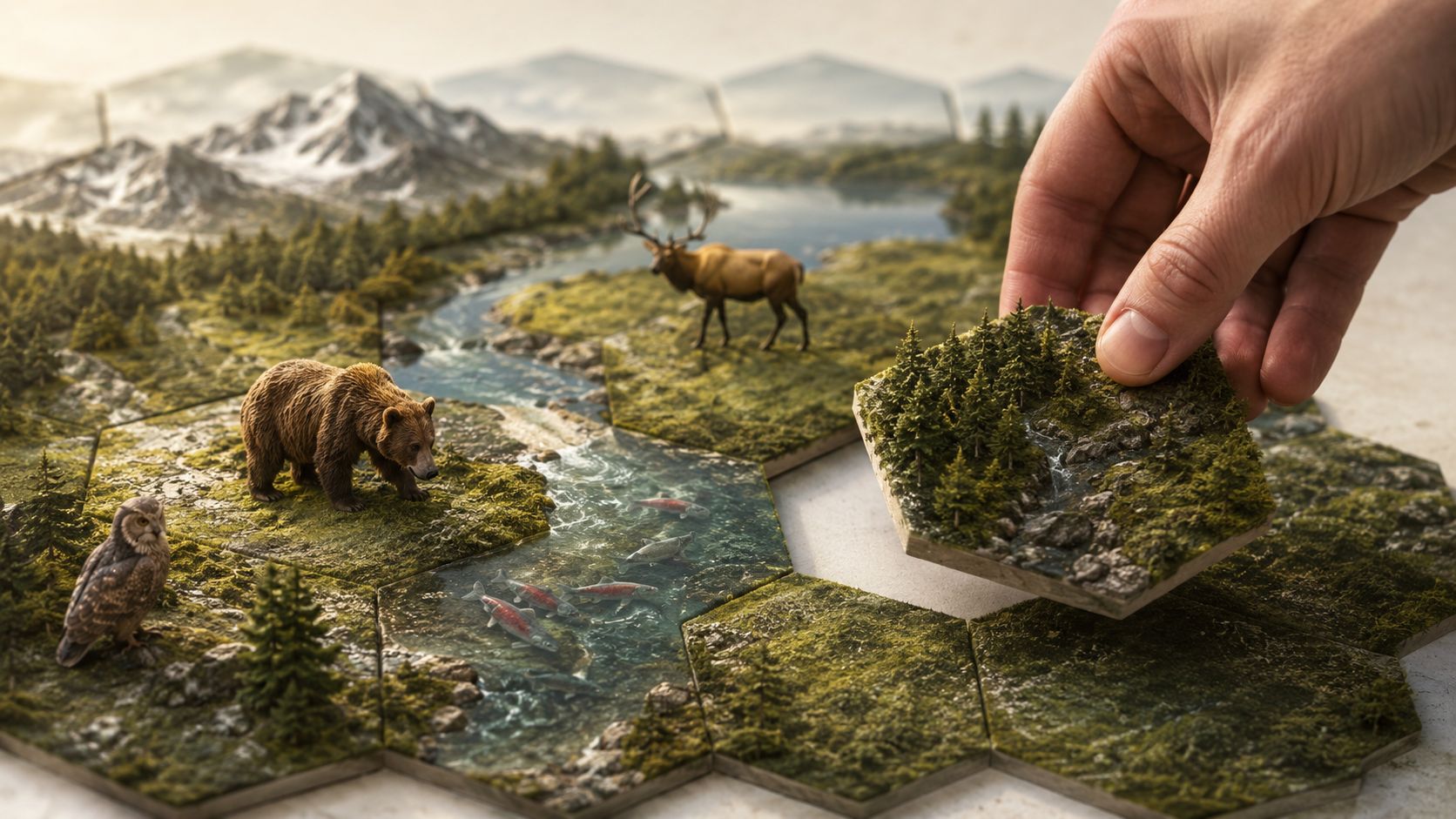 A hand placing a hexagonal game tile onto a tabletop board game featuring wildlife and nature scenes.