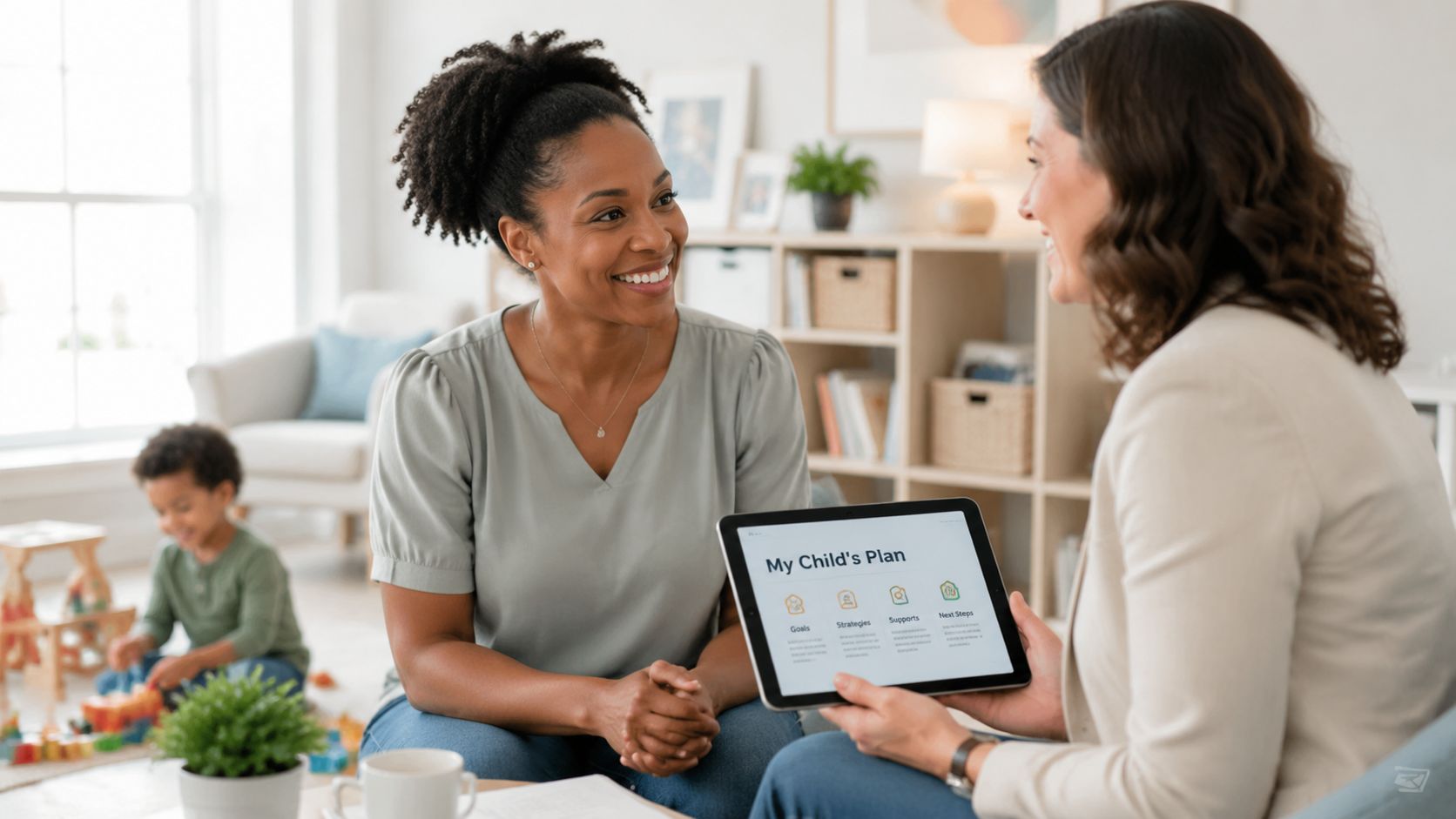 A professional therapist reviewing a personalized child developmental plan on a tablet with a smiling mother.