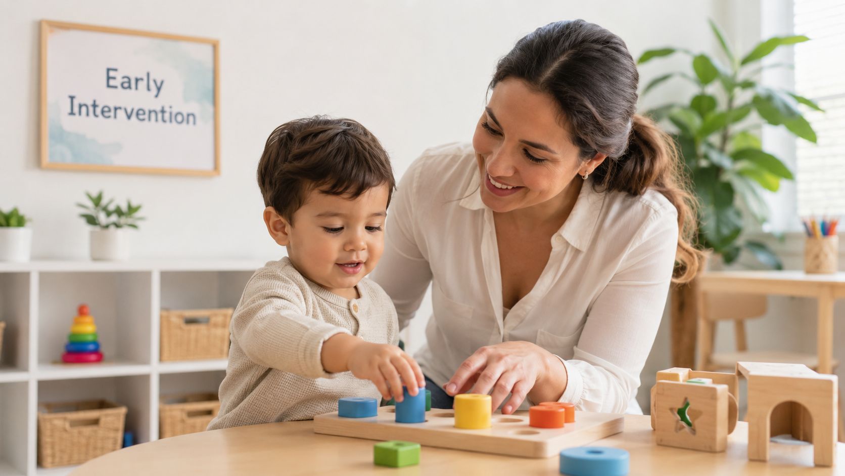 A professional therapist engaging with a toddler using educational wooden toys for developmental growth and learning.