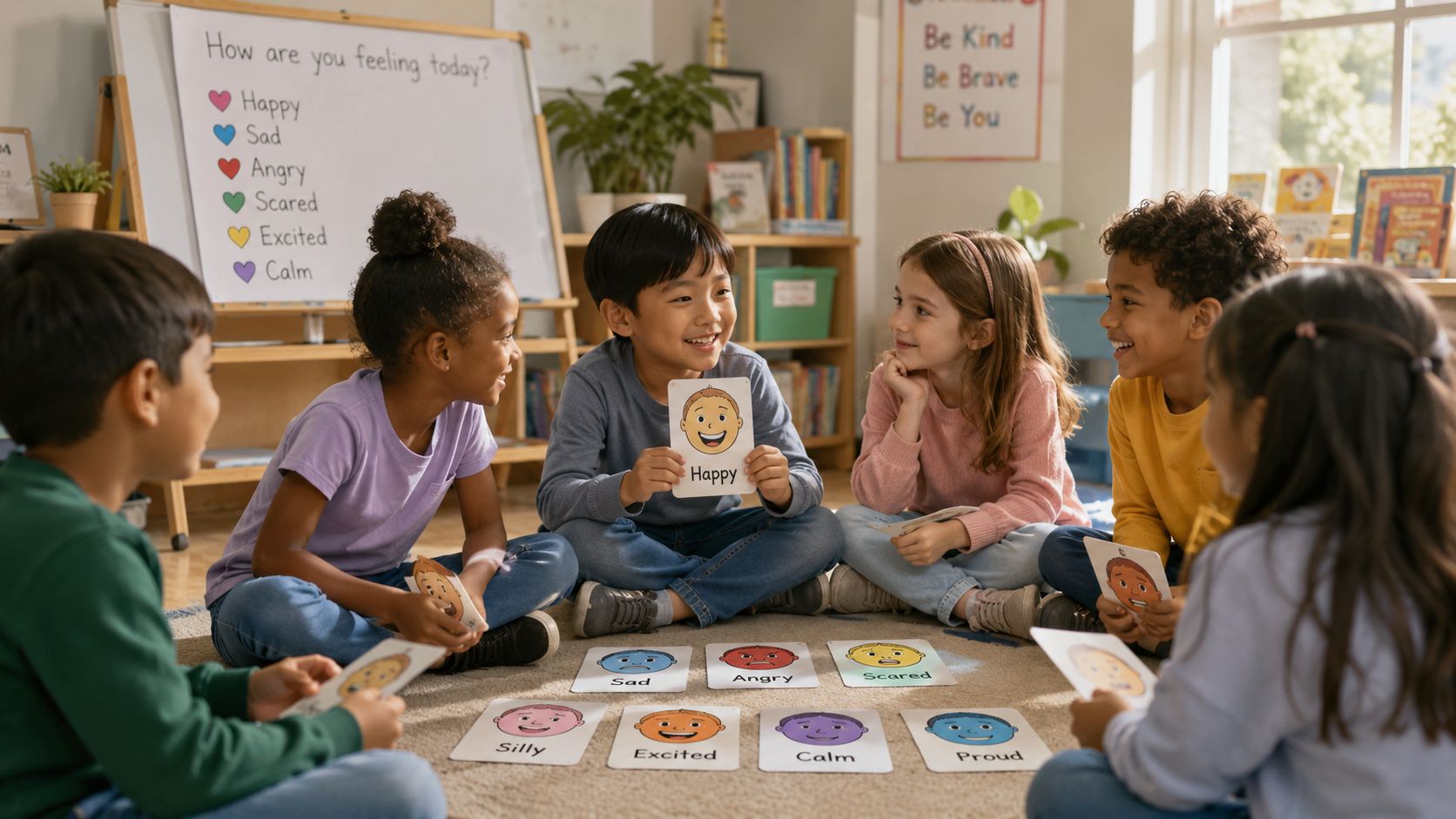 A diverse group of elementary students sitting in a circle playing an emotional intelligence learning game together.