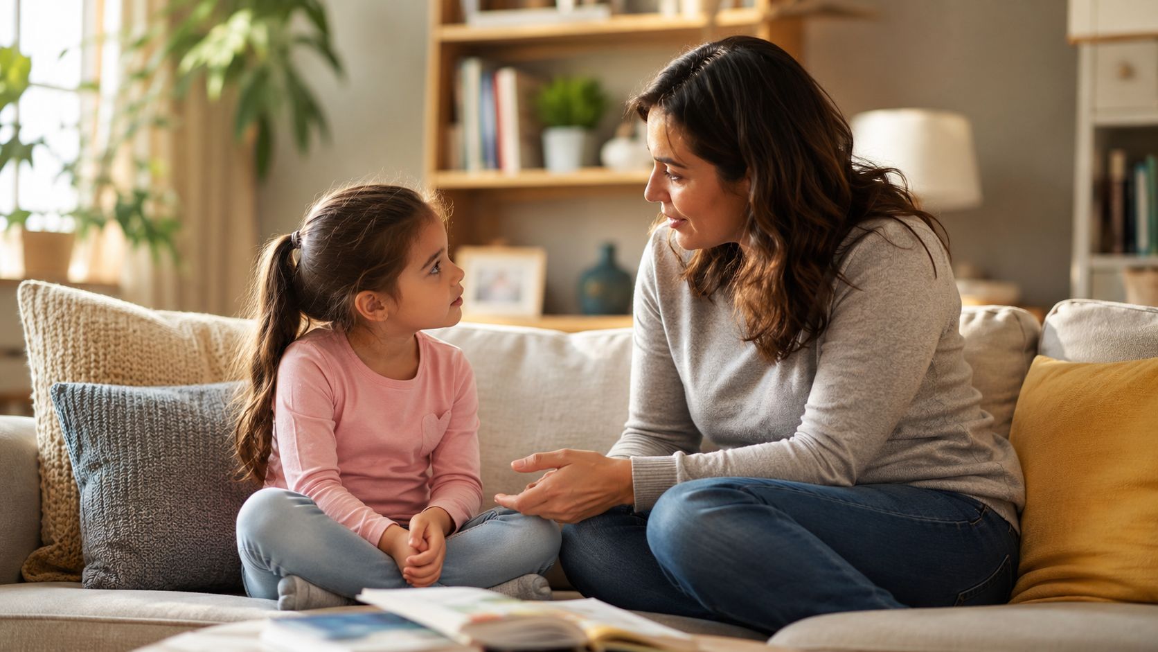 A mother sitting on a couch having a gentle, attentive conversation with her young daughter.