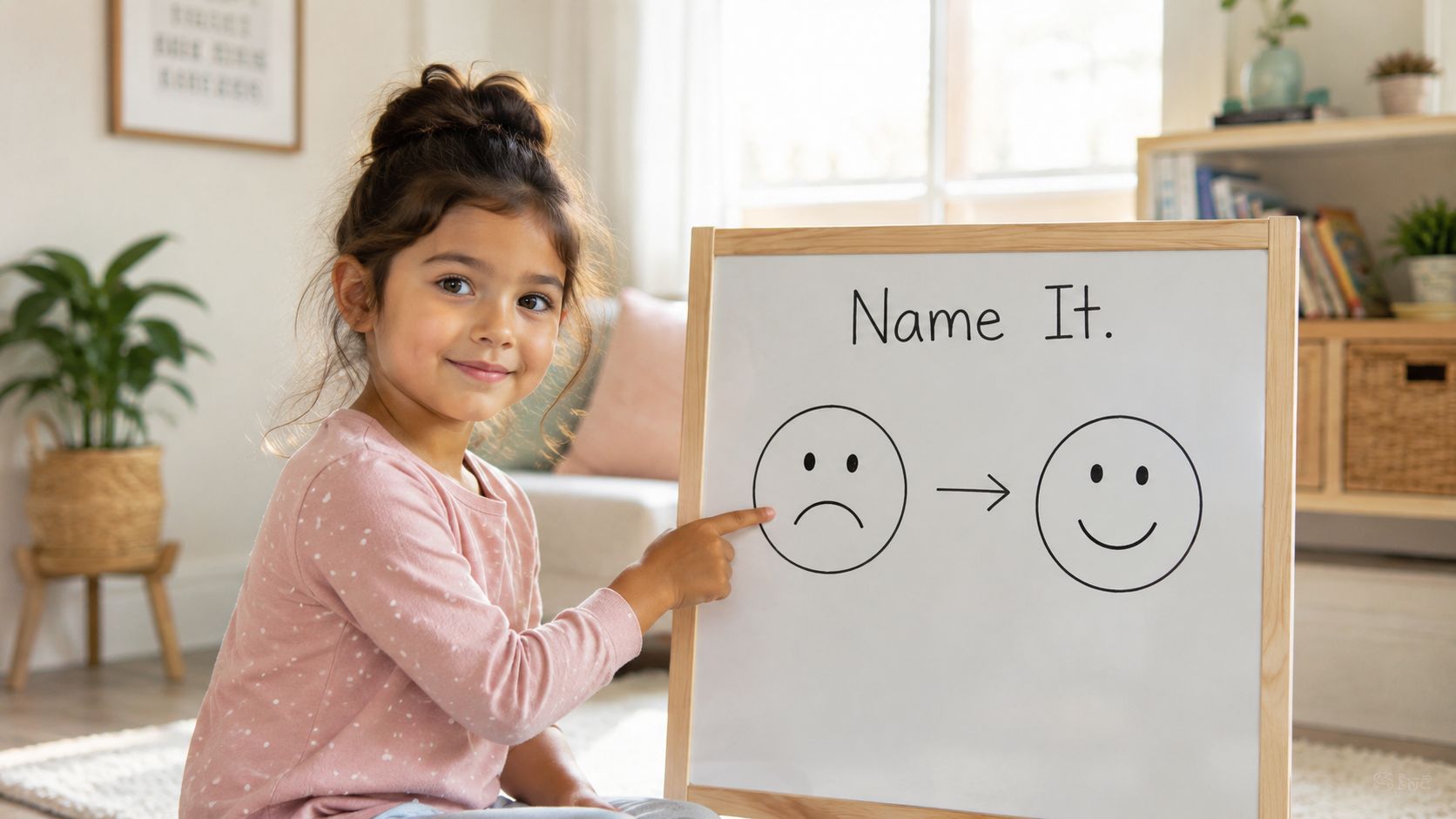 A young girl points at a sad face illustration on a whiteboard which transforms into a happy face.