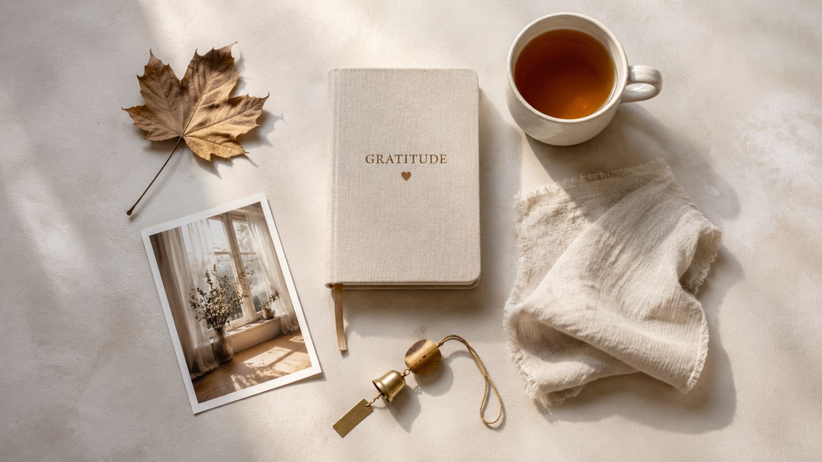 A cozy flatlay featuring a gratitude journal, tea cup, dry leaf, photo, and chime on linen.