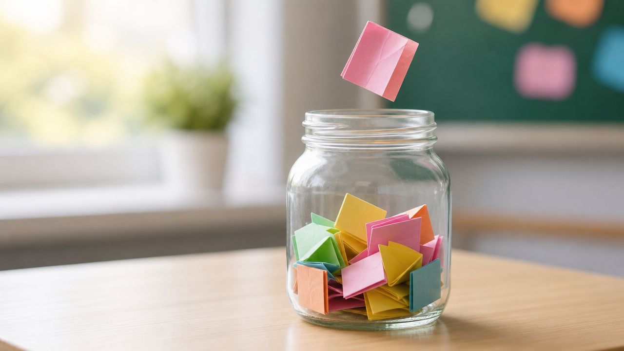 A glass jar filled with colorful folded paper notes sitting on a wooden table in a classroom.