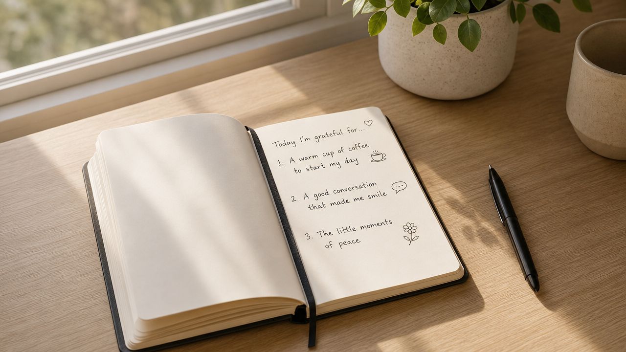 An open journal on a wooden desk with a gratitude list written in handwritten script style.