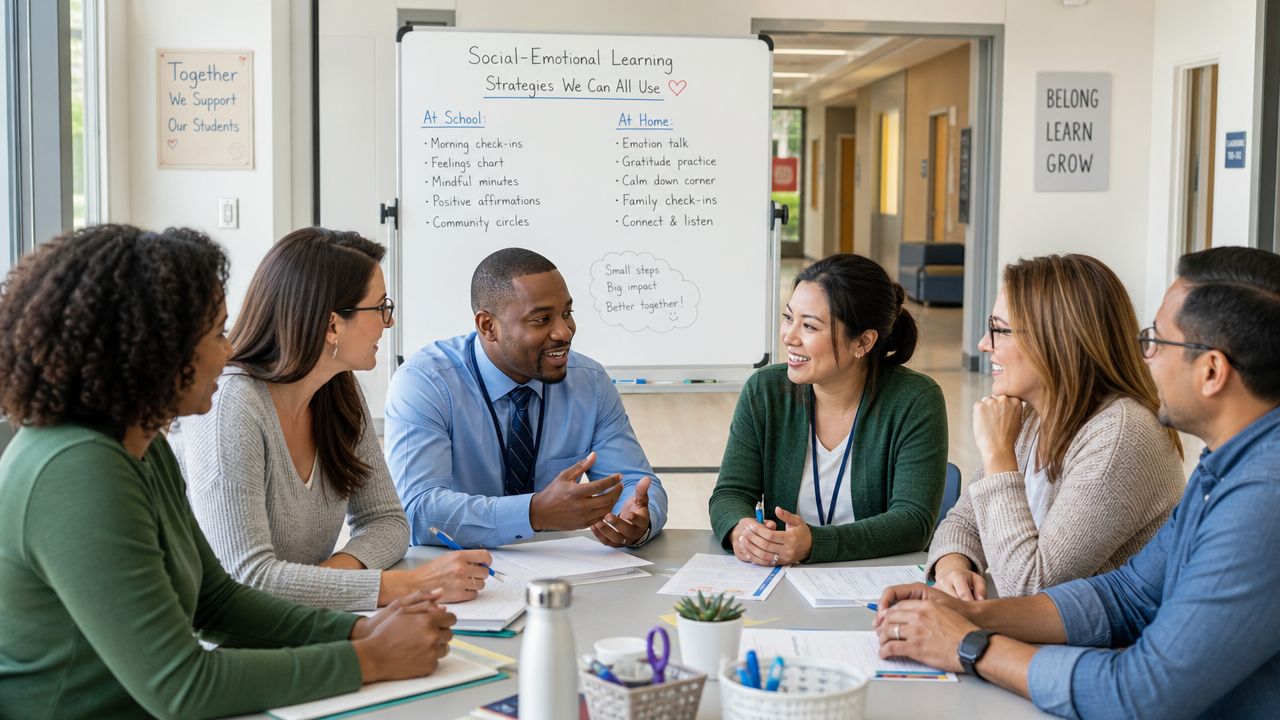 A diverse group of professional educators sitting together at a table discussing social-emotional learning strategies.