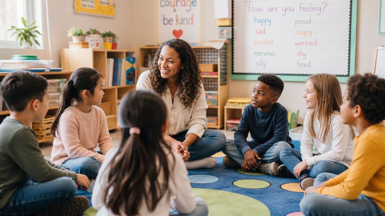 A diverse group of elementary students sitting in a circle on a rug with their teacher.
