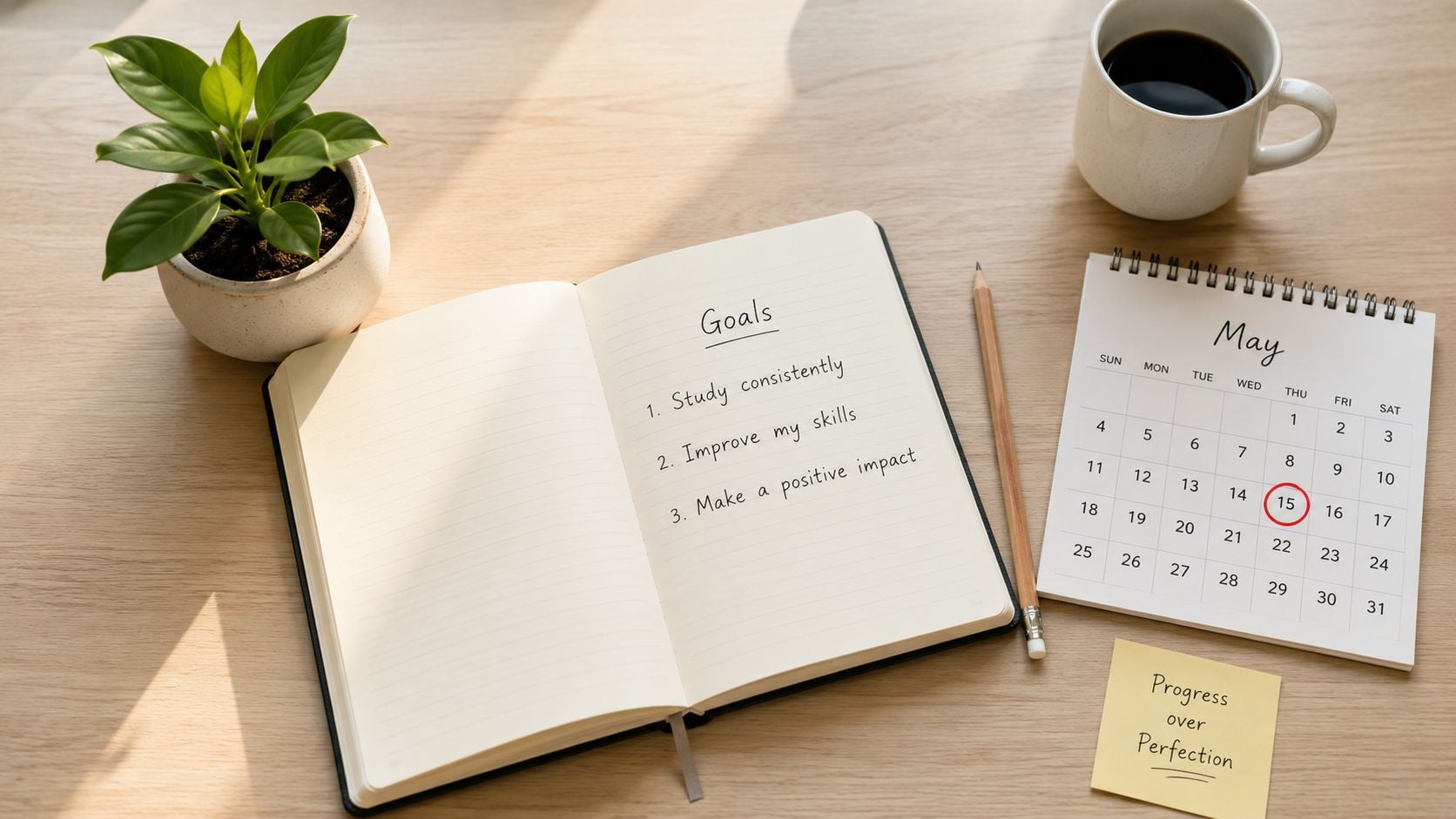 A top-down view of a desk featuring a journal with goals, a calendar, and a coffee mug.